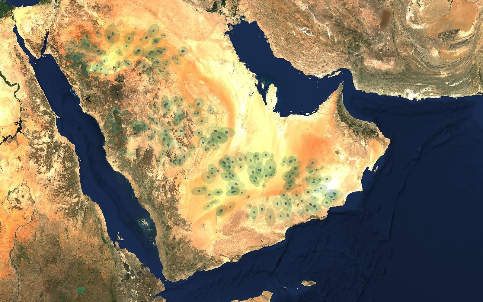 The same satellite view with schematic palaeolake belts and grassland patches drawn across the deserts